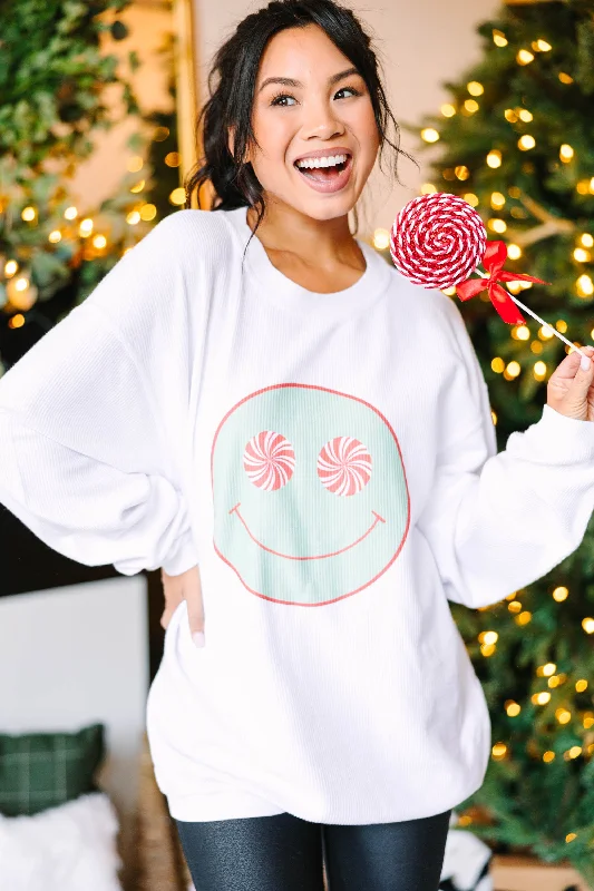 Women's Travel Attire Sweet Smiles White Corded Graphic Sweatshirt