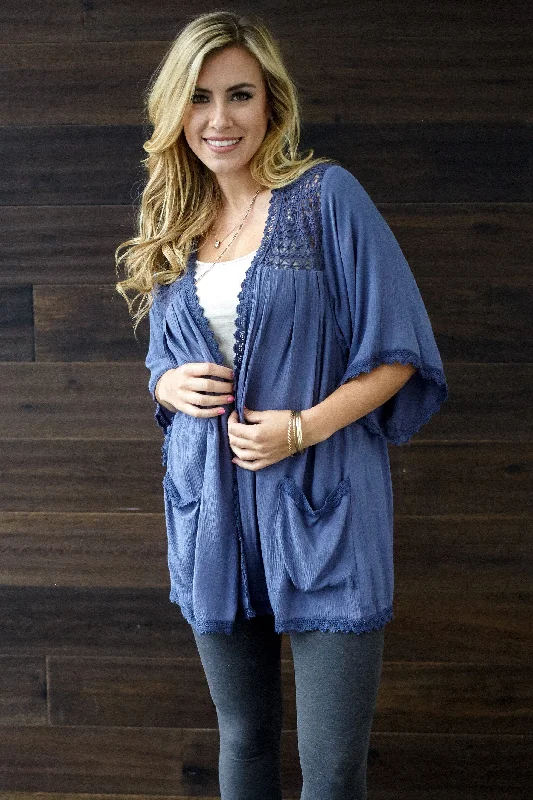 Trendy Fashion For Women Navy Open Crochet Accent Short Sleeve Cardigan