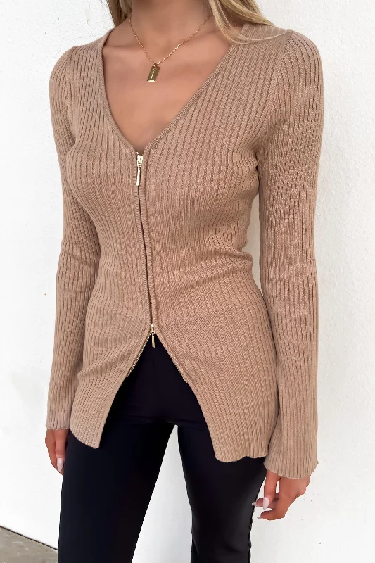 Chic Women's Clothing Online Kaia Zip-Front Knit Top Mocha