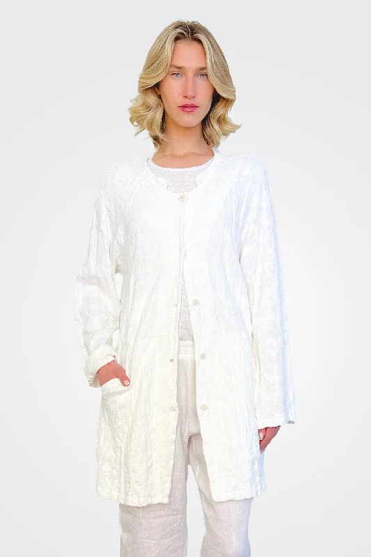 Online Impressions Boutique Floral Cotton Linen Jacquard Knitted Mid Jacket - White