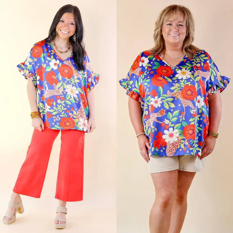 Free Spirited Fashion Best Version Floral and Cheetah Print V Neck Top with Ruffle Short Sleeves in Blue